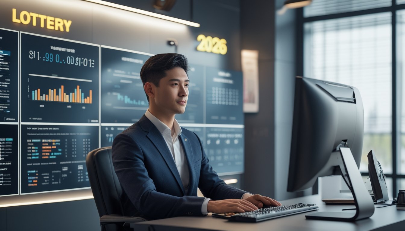 Seorang pria Asia duduk di meja kantor modern dengan beberapa monitor komputer yang menampilkan grafik dan data prediksi togel.