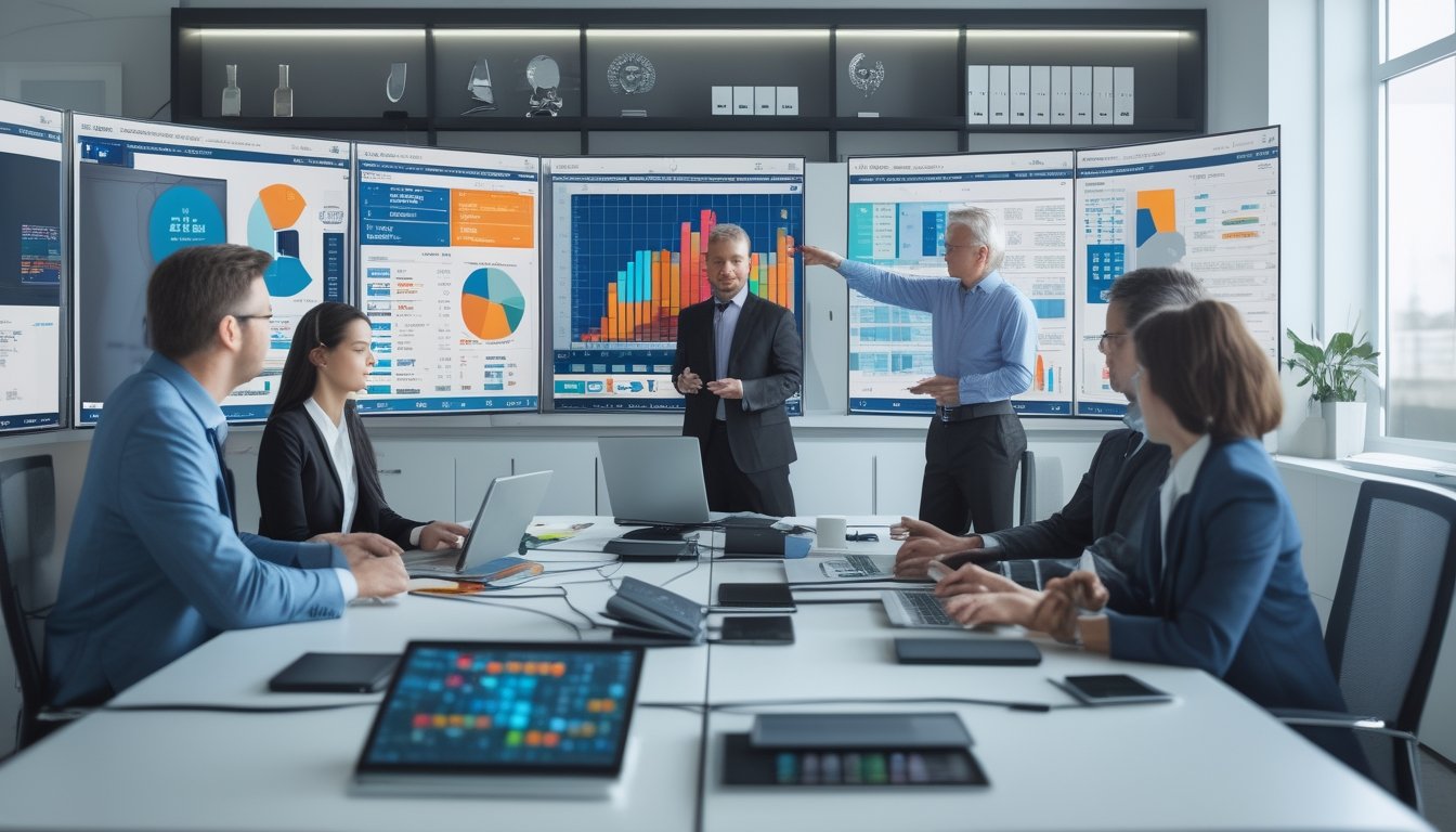 Sekelompok profesional sedang menganalisis data dan grafik di kantor modern dengan komputer dan tablet.