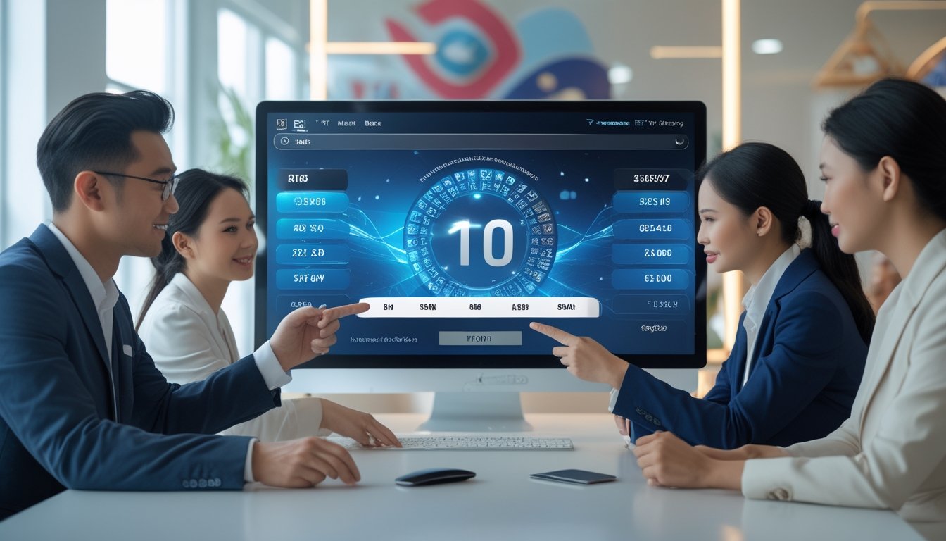 Sekelompok profesional bekerja di depan layar komputer besar yang menampilkan grafik undian langsung dengan angka yang berubah cepat di kantor modern.