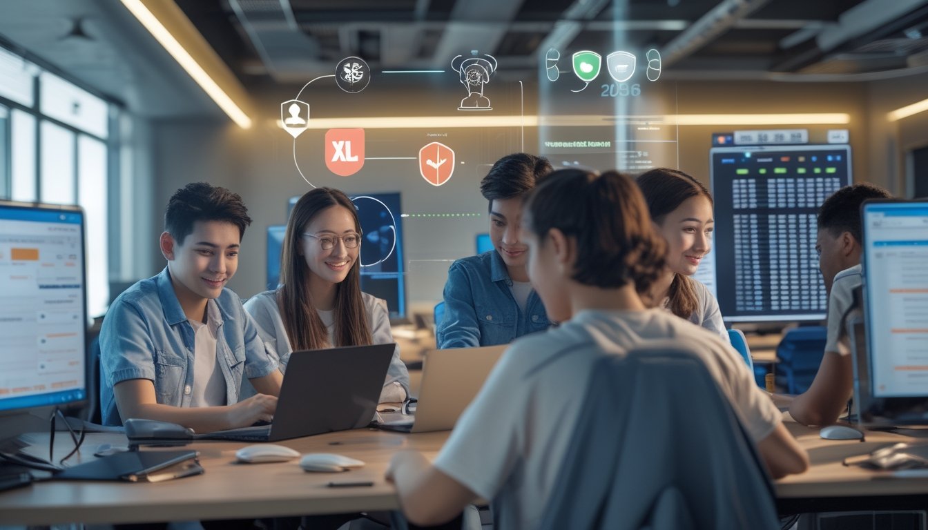 Beberapa orang muda menggunakan laptop dan ponsel di kantor modern dengan ikon pembayaran digital dan simbol keamanan di layar komputer.