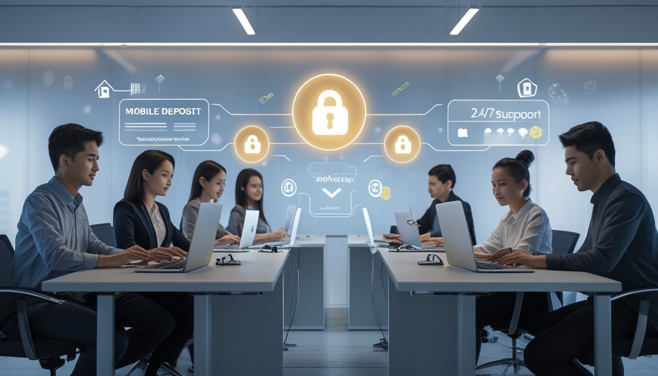 Sekelompok orang muda menggunakan laptop dan ponsel di kantor modern yang terang, menggambarkan lingkungan taruhan togel online yang aman dan terpercaya.