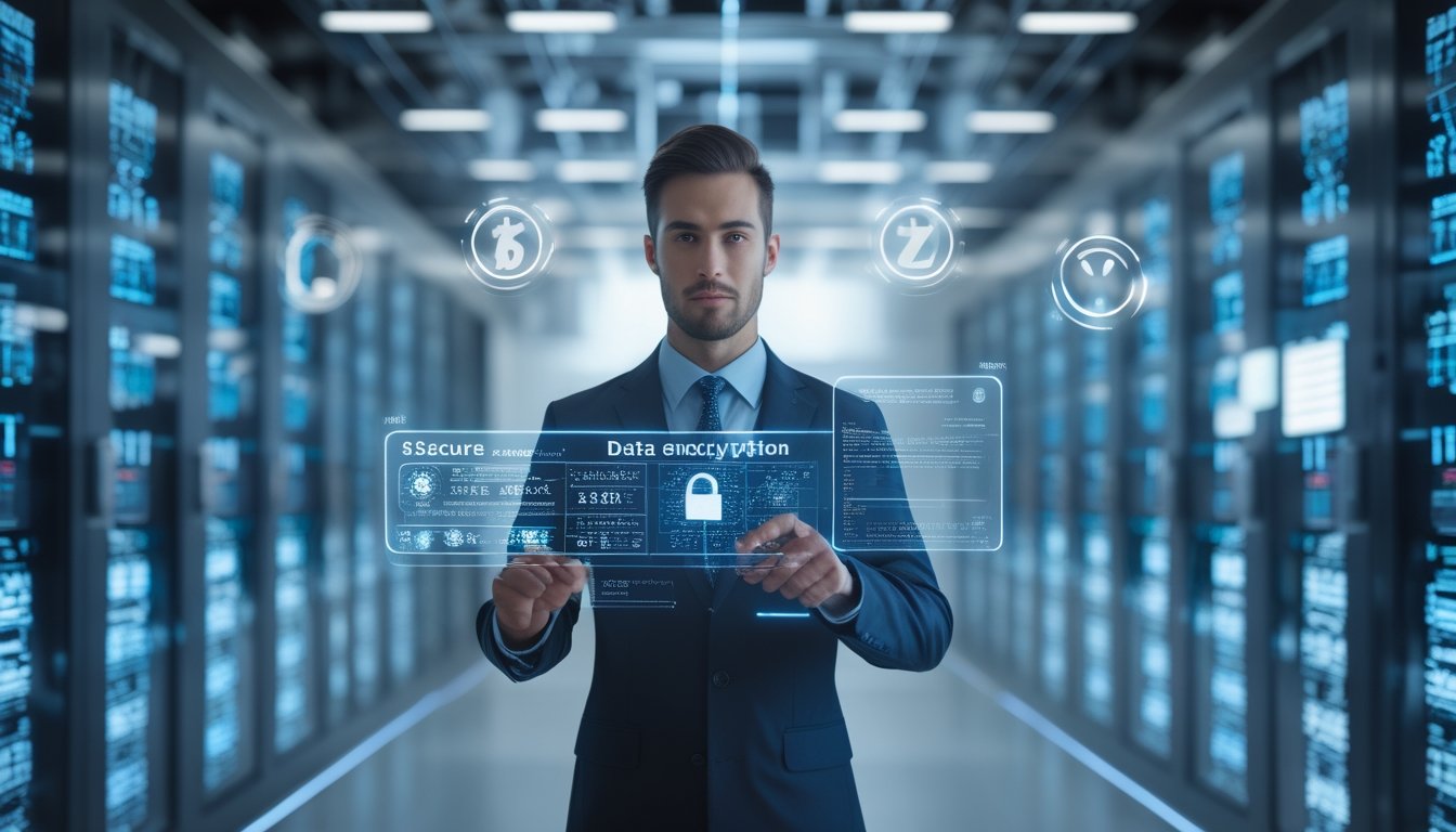 Seorang profesional TI menggunakan layar sentuh transparan di pusat data modern dengan simbol enkripsi digital mengambang di udara.