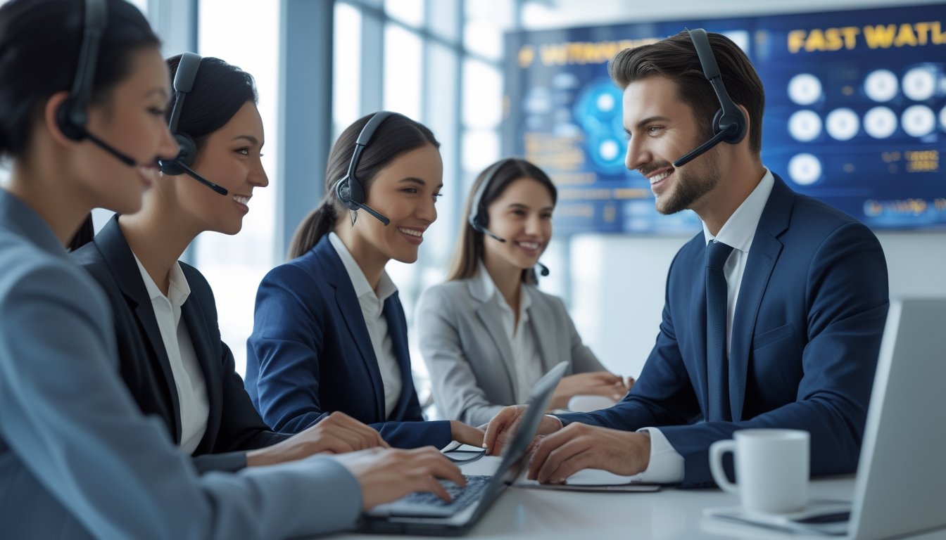 Tim layanan pelanggan di kantor modern sedang membantu klien dengan ramah, seorang profesional memproses transaksi cepat di laptop.
