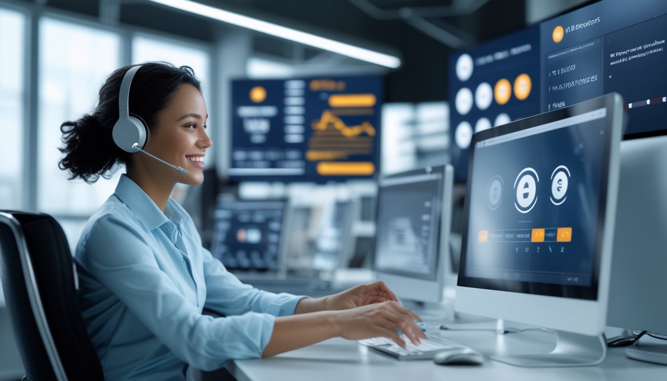 Seorang perwakilan layanan pelanggan yang ramah sedang berbicara melalui headset di kantor modern dengan layar komputer yang menampilkan data dan notifikasi transaksi cepat.