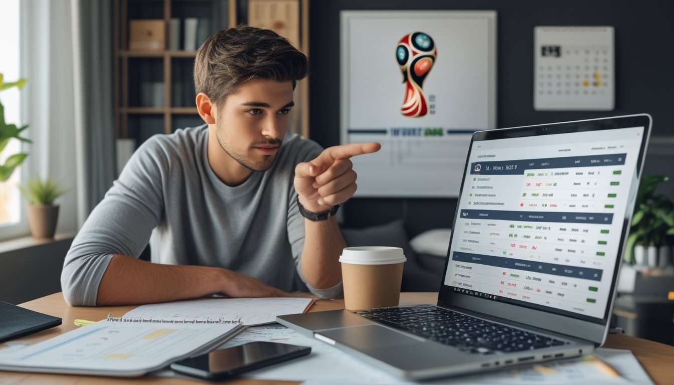 Seseorang muda sedang menganalisis peluang taruhan FIFA World Cup 2026 di depan laptop dengan catatan dan ponsel di meja.