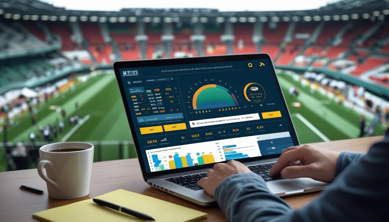 Seorang pemula sedang belajar strategi taruhan sepak bola dengan laptop yang menampilkan peluang taruhan FIFA World Cup 2026 dan pertandingan sepak bola sedang berlangsung di layar besar di latar belakang.