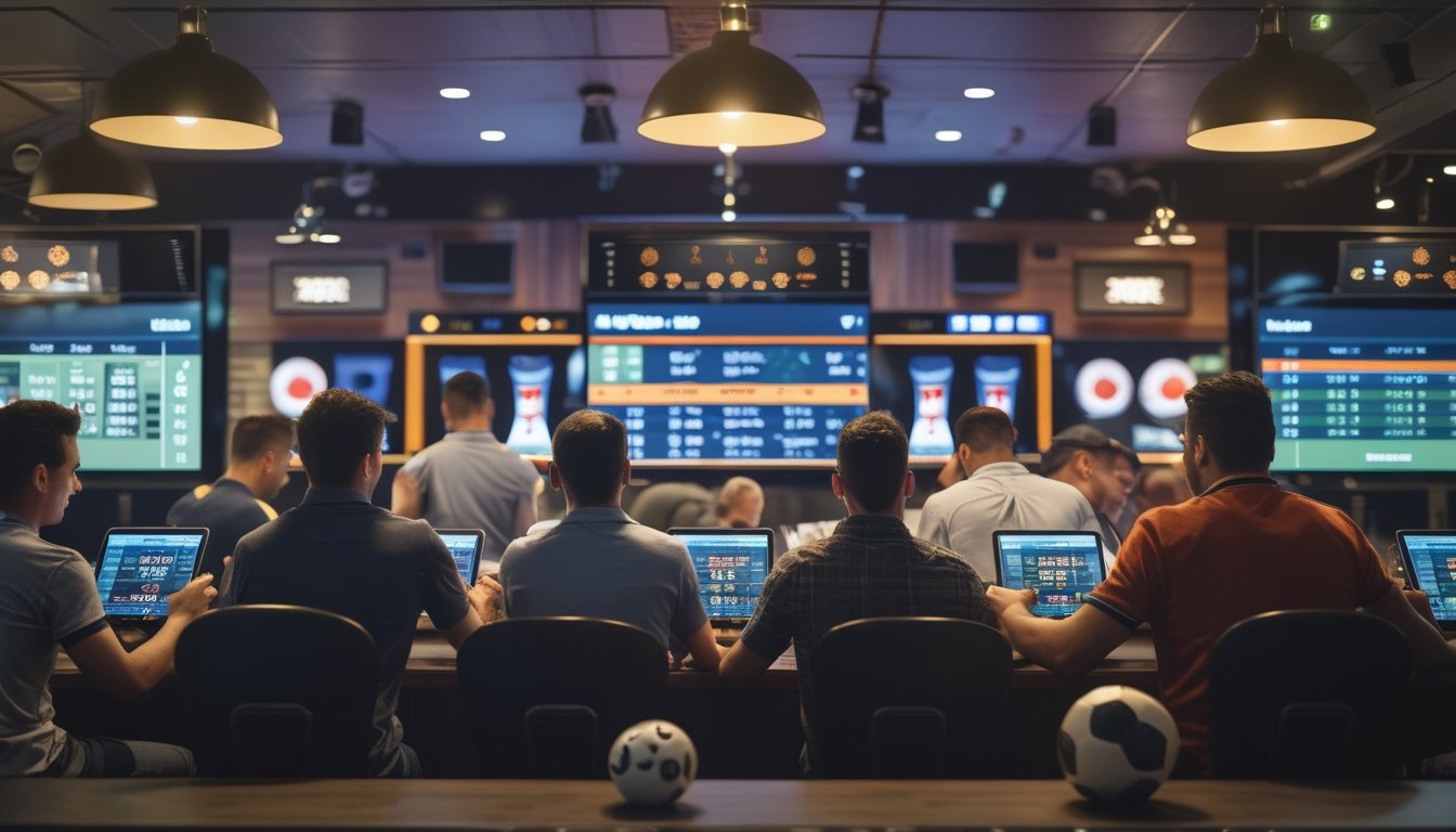 Sekelompok orang sedang memasang taruhan secara langsung pada pertandingan sepak bola Piala Dunia 2026 di sebuah ruang taruhan modern dengan layar digital yang menampilkan statistik pertandingan.