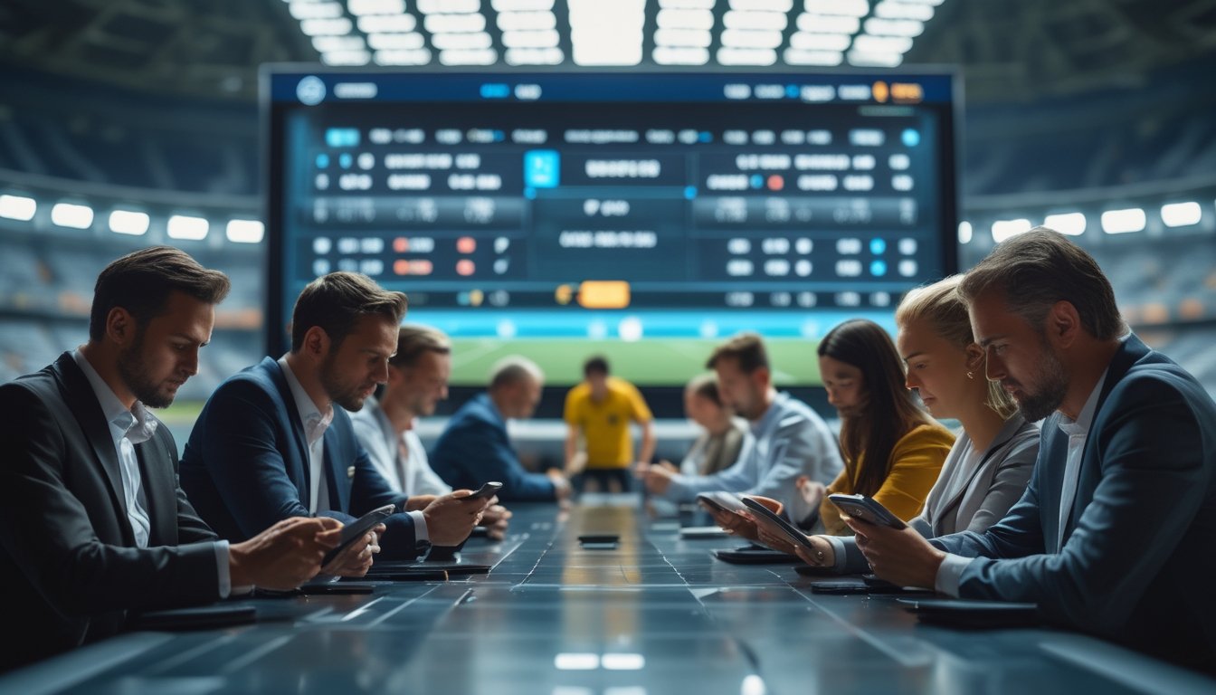 Beberapa orang menggunakan ponsel dan tablet untuk memasang taruhan langsung saat pertandingan sepak bola Piala Dunia berlangsung di latar belakang stadion.