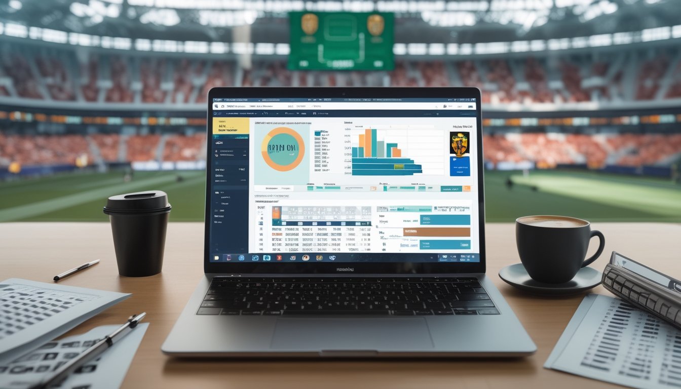 Meja kerja modern dengan laptop yang menampilkan statistik pemain sepak bola, kertas data, dan layar besar dengan stadion dan metrik pemain di latar belakang.