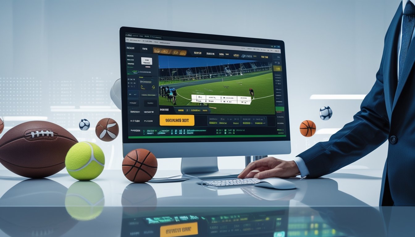 Seseorang sedang menggunakan komputer dengan tampilan statistik olahraga dan fitur cash out instan, dikelilingi oleh bola olahraga di meja kerja.