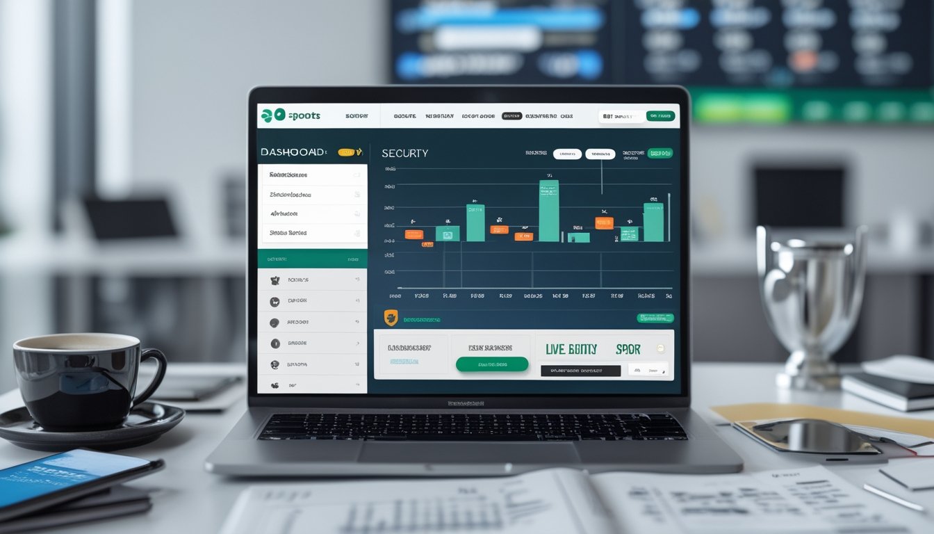 Seorang profesional sedang bekerja di depan laptop yang menampilkan dashboard keamanan dan aplikasi taruhan olahraga dengan fitur cash out, di sebuah ruang kantor yang terang dan rapi.