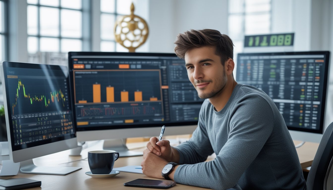 Seorang pria muda duduk di meja kantor modern sambil menganalisis data taruhan olahraga pada layar komputer dengan catatan dan alat tulis di sekitarnya.
