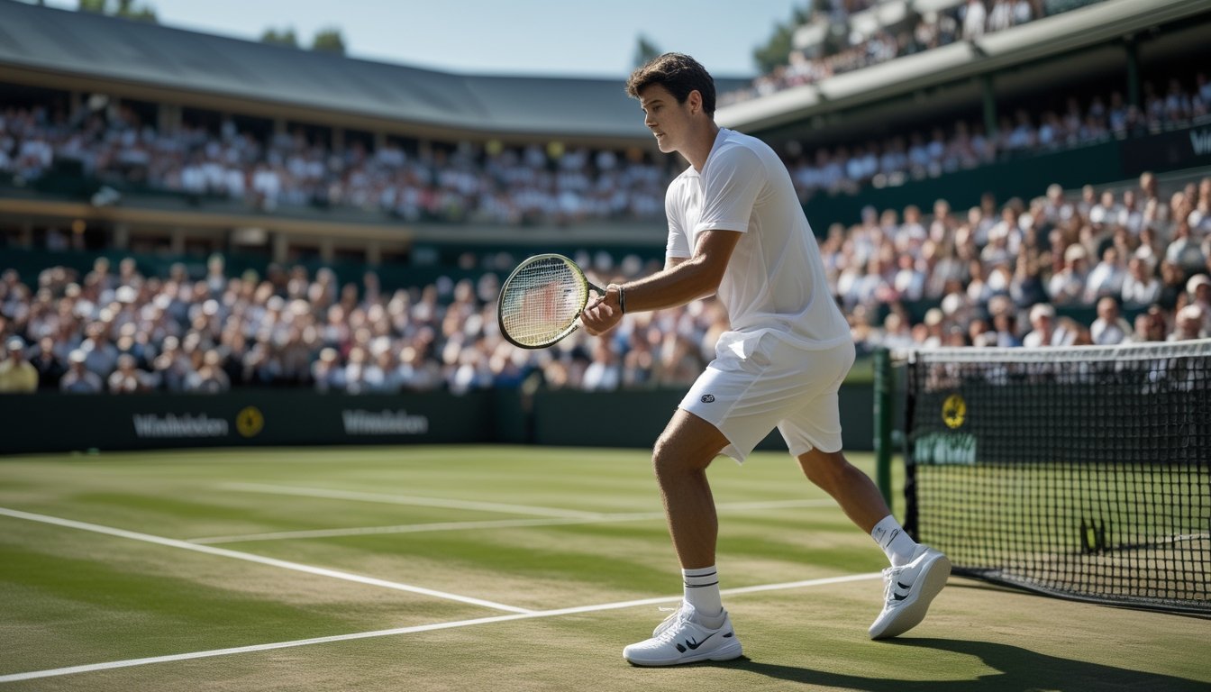 Seorang pemain tenis pria sedang bersiap melakukan servis di lapangan rumput Wimbledon dengan penonton di tribun belakang.
