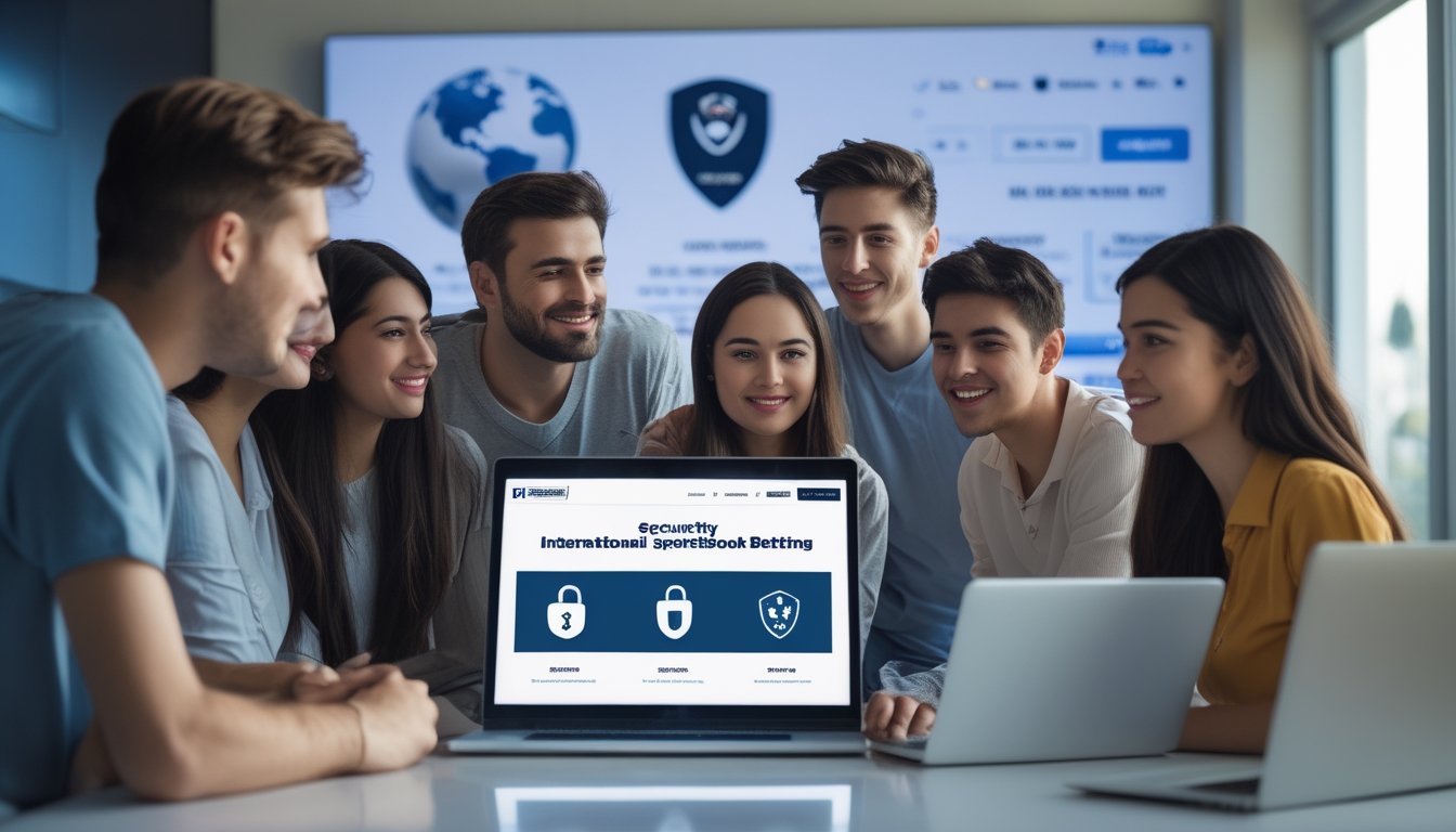 Sekelompok orang muda sedang menggunakan laptop dengan tampilan situs sportsbook yang aman, di latar belakang terdapat gambar bola sepak dan elemen yang mewakili taruhan olahraga internasional.