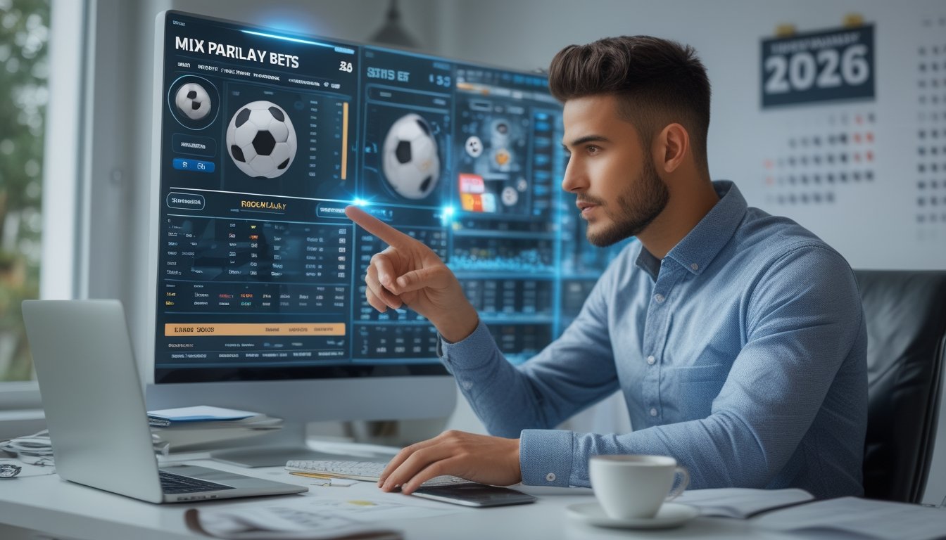 Seorang pria muda duduk di meja modern, menganalisis layar digital taruhan olahraga dengan statistik dan peluang pertandingan sepak bola.