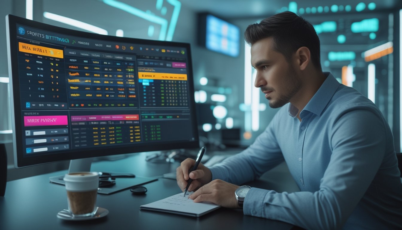 Orang sedang menganalisis data taruhan olahraga di depan komputer dengan layar menampilkan statistik dan opsi mix parlay.