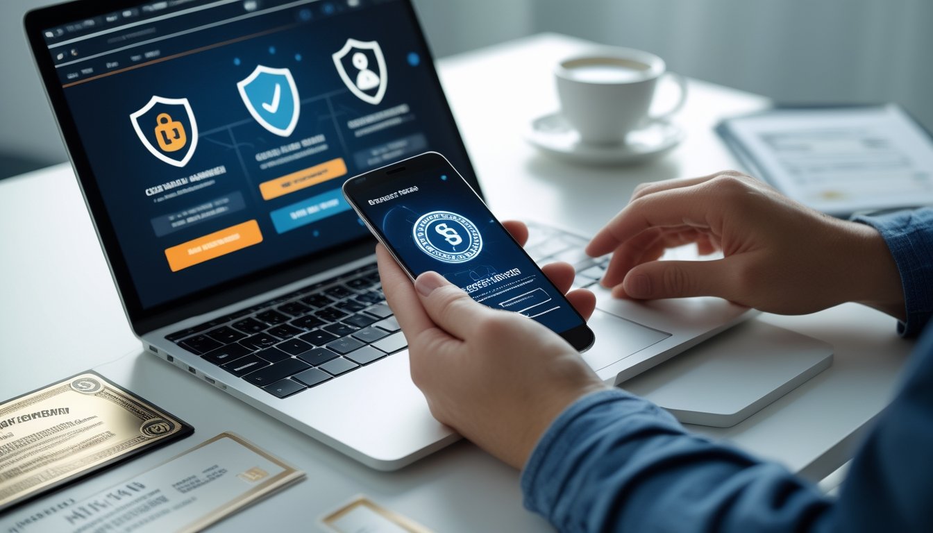 Seorang pria menggunakan laptop dan ponsel di meja kerja dengan tampilan situs judi online yang aman dan terpercaya.