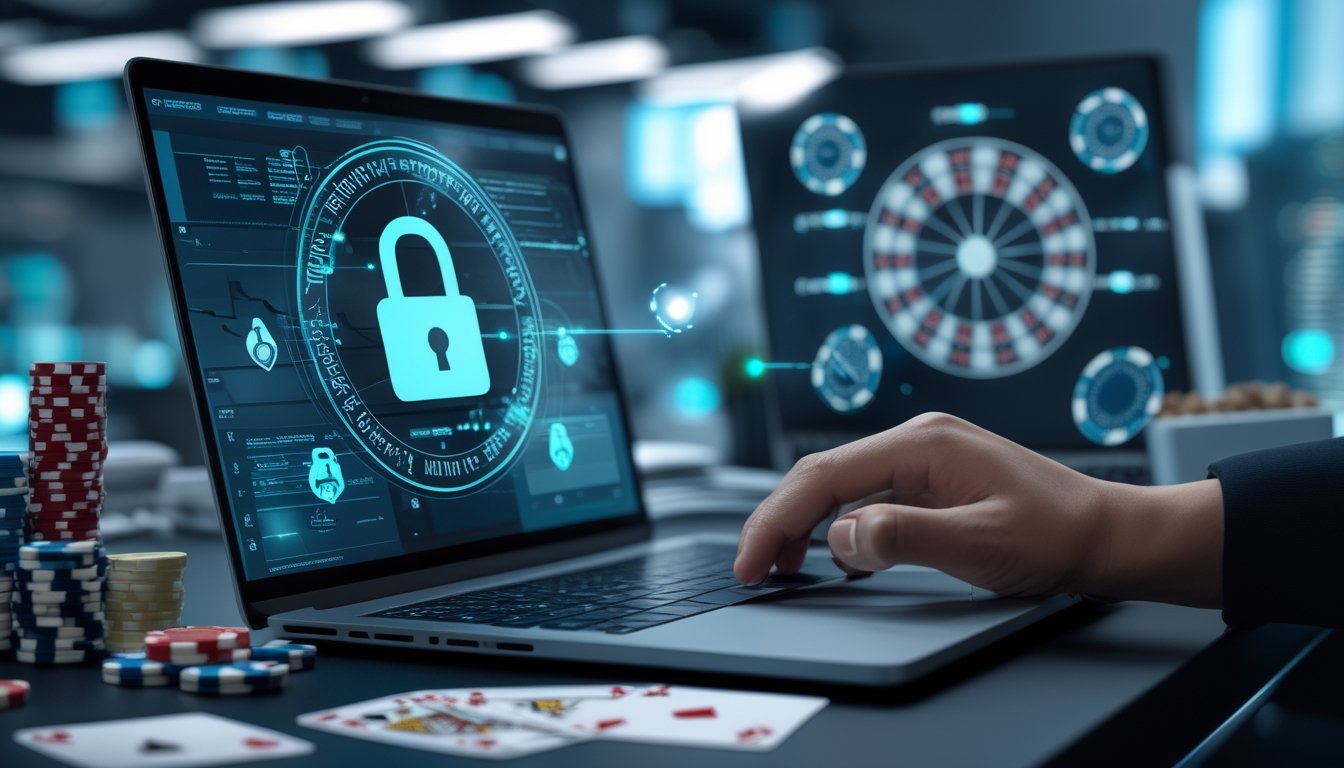 Seseorang menggunakan laptop dengan tampilan keamanan data terenkripsi dan elemen judi online seperti chip poker dan kartu di latar belakang.