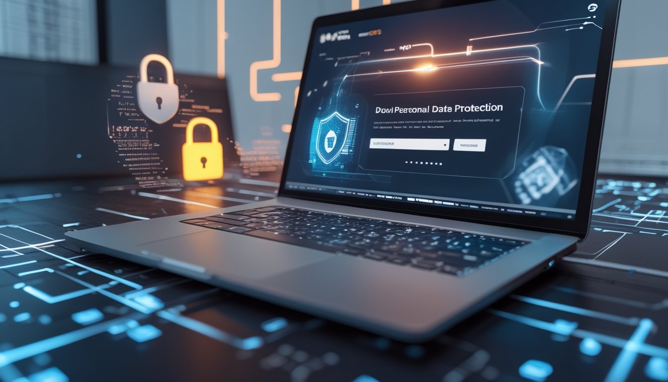 Seorang pengguna komputer dengan tampilan situs judi online yang aman dan simbol keamanan data seperti gembok dan aliran kode digital di sekitarnya.
