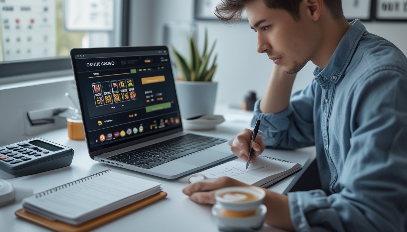 Seorang dewasa muda duduk di meja dengan laptop terbuka, mencatat anggaran sambil bermain judi online secara bertanggung jawab.