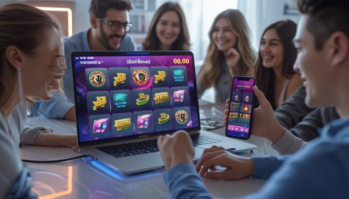 Sekelompok orang muda sedang menggunakan laptop dan ponsel untuk bermain judi online dengan tampilan kasino digital di layar.