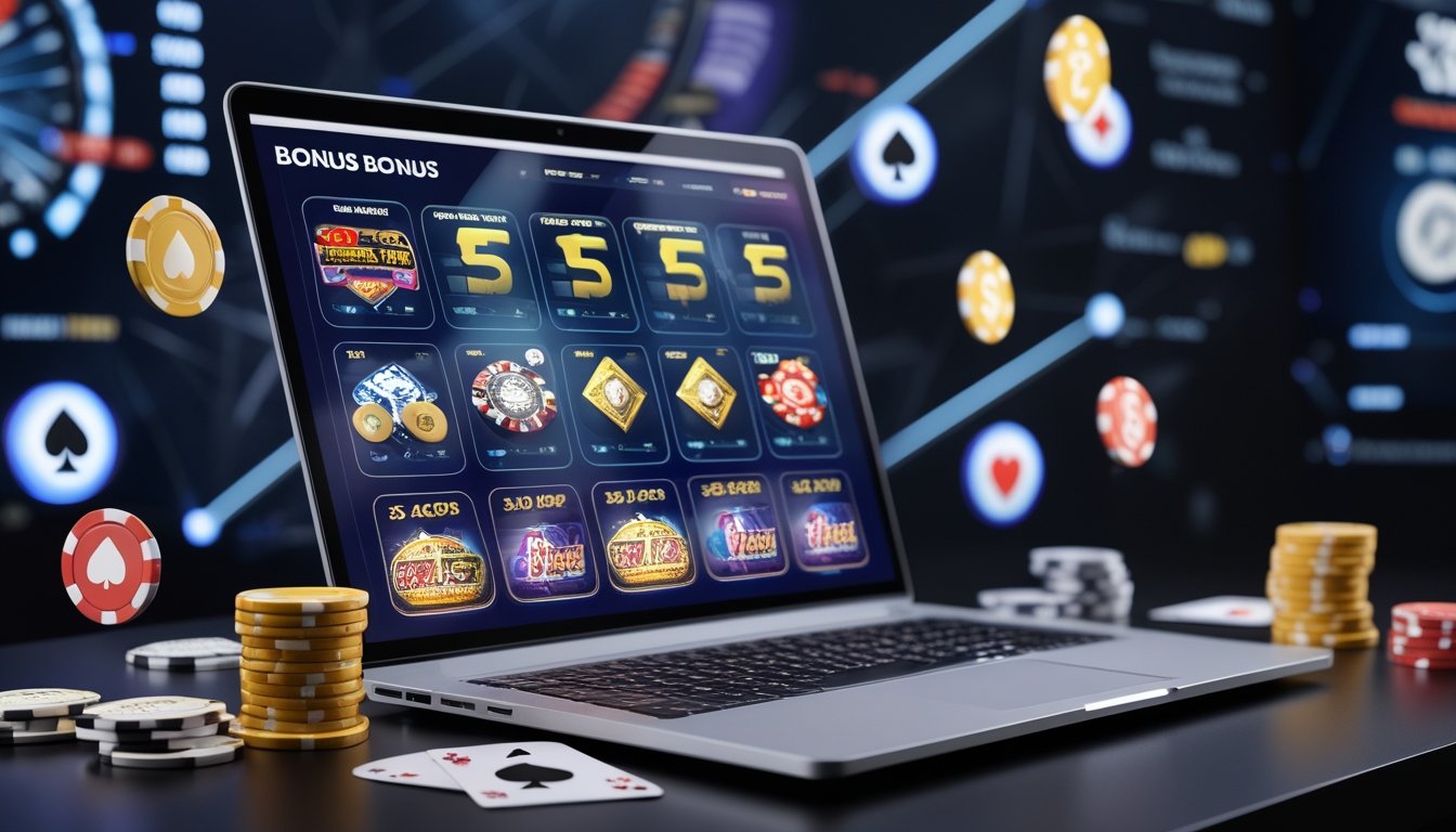 Meja kerja dengan laptop yang menampilkan antarmuka kasino online dan beberapa chip poker serta kartu bermain di sekitarnya.