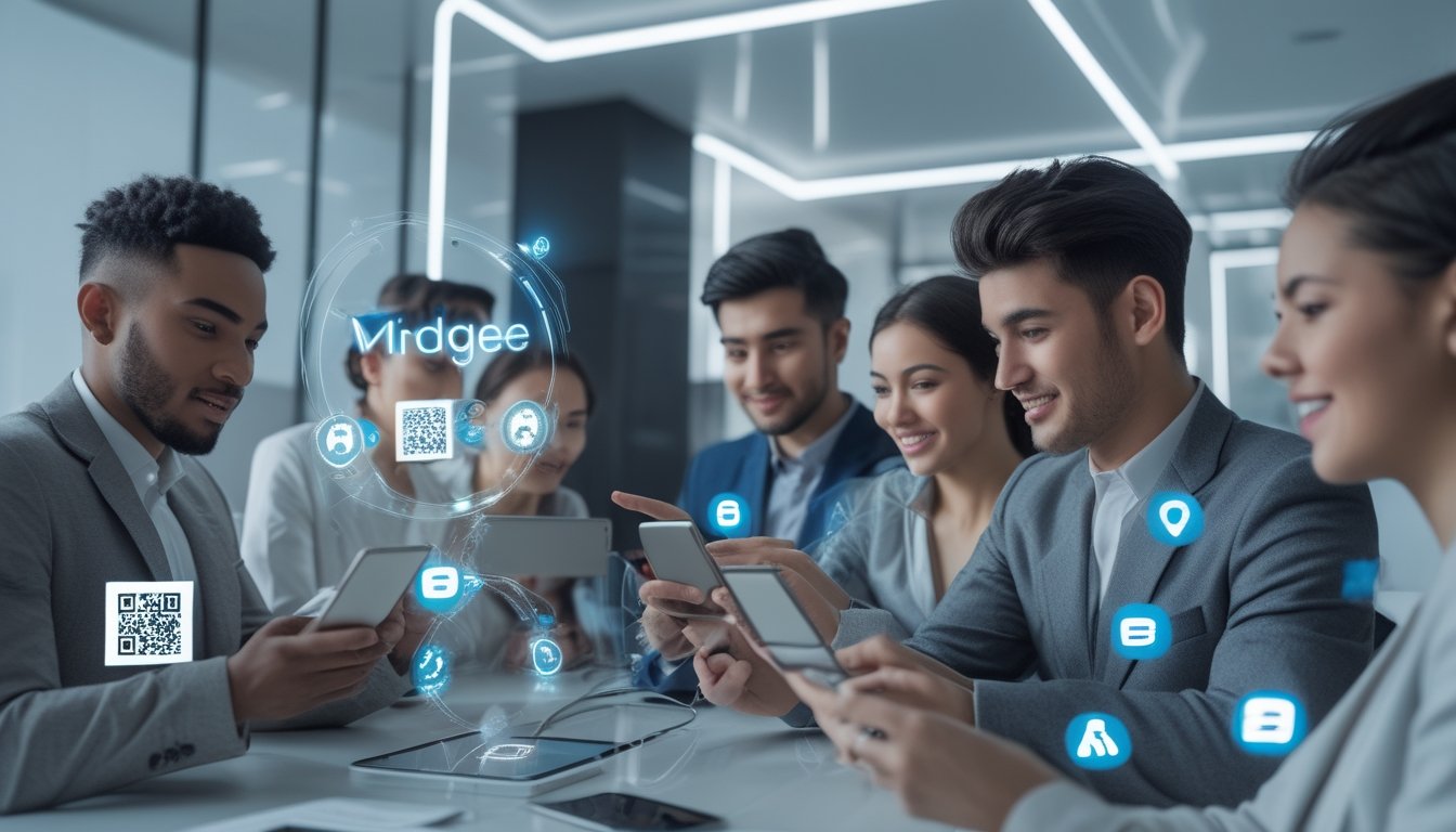 Sekelompok orang muda menggunakan perangkat digital untuk melakukan transaksi pembayaran cepat dengan e-wallet di lingkungan kantor modern.