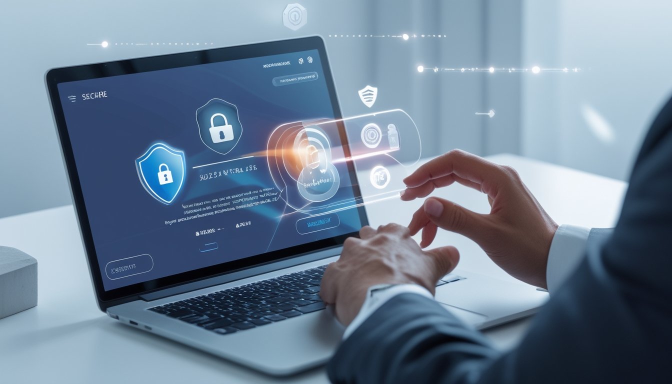 Seseorang menggunakan perangkat digital dengan ikon keamanan di layar, menggambarkan transaksi judi online yang aman dan legal.
