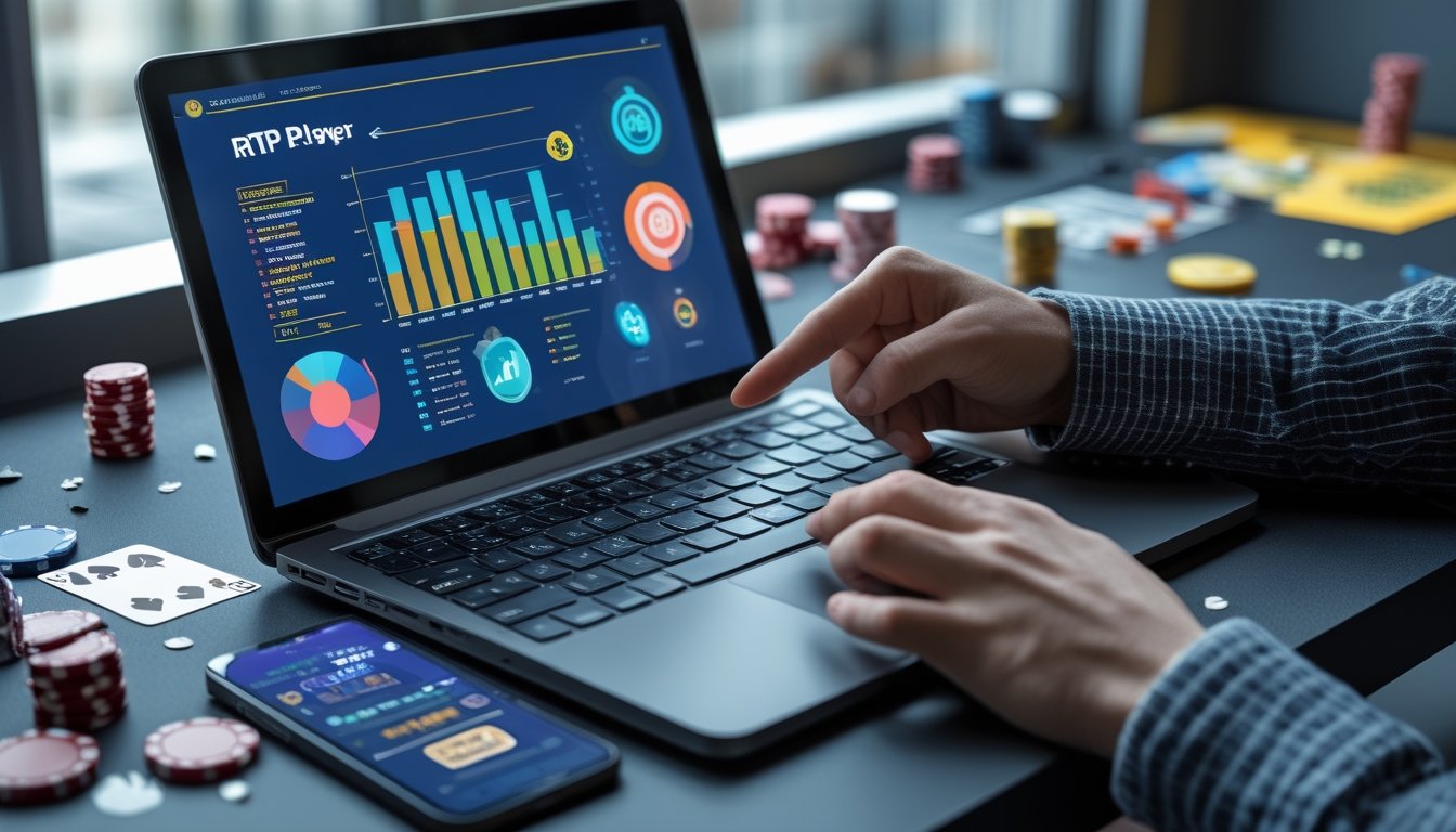 Seseorang sedang bekerja dengan laptop yang menampilkan grafik dan smartphone dengan permainan kasino digital di meja kerja.