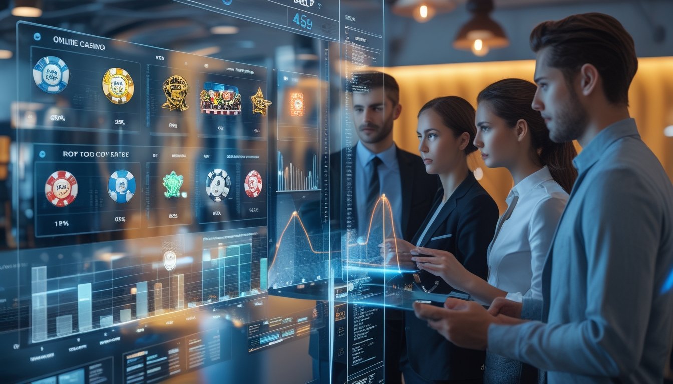 Sekelompok orang muda sedang menganalisis grafik dan ikon permainan judi online di layar sentuh digital di sebuah kantor modern.