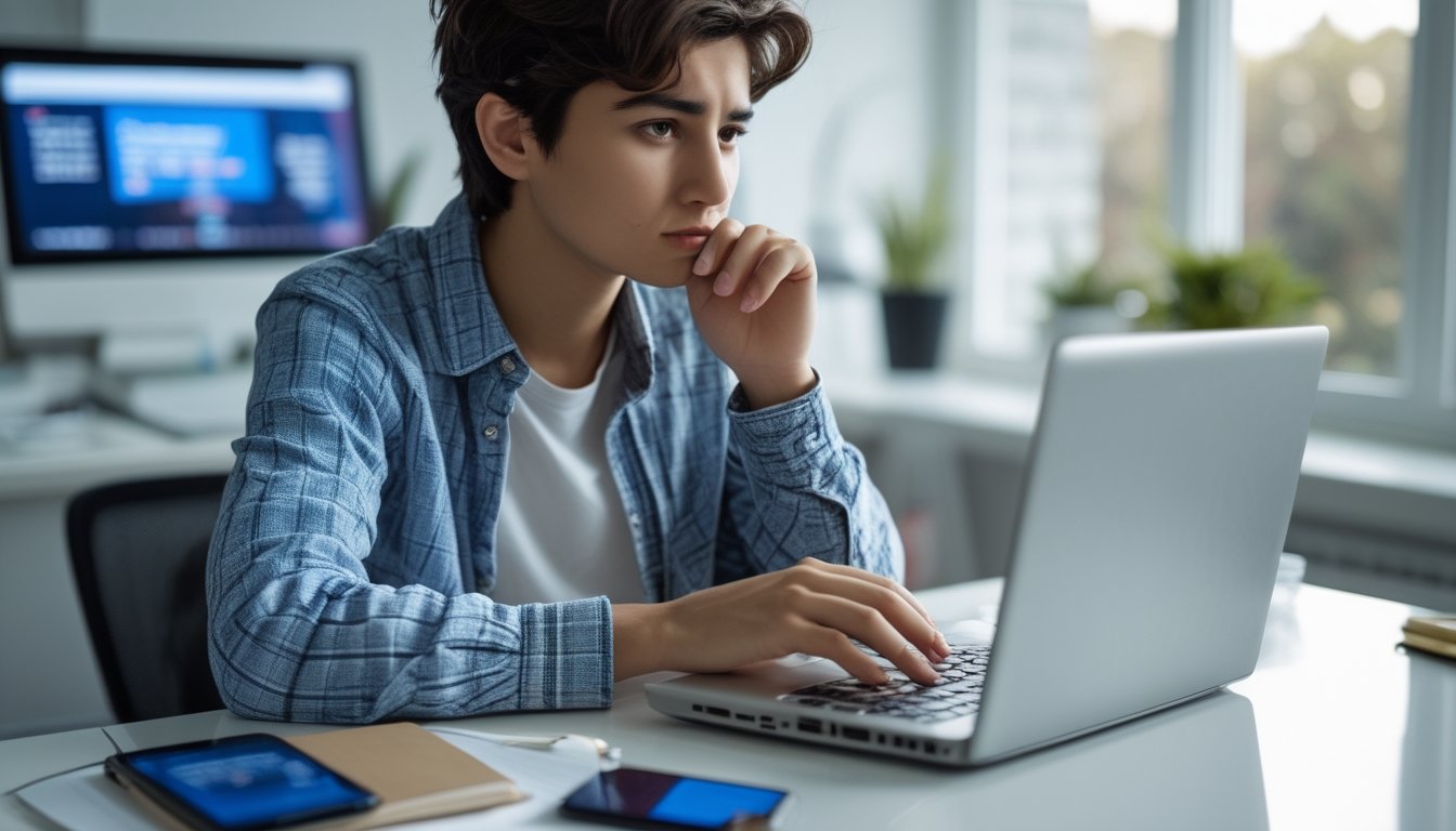 Seorang dewasa muda duduk di meja dengan laptop terbuka, terlihat hati-hati saat menjelajah internet di ruang kerja rumah yang terang.