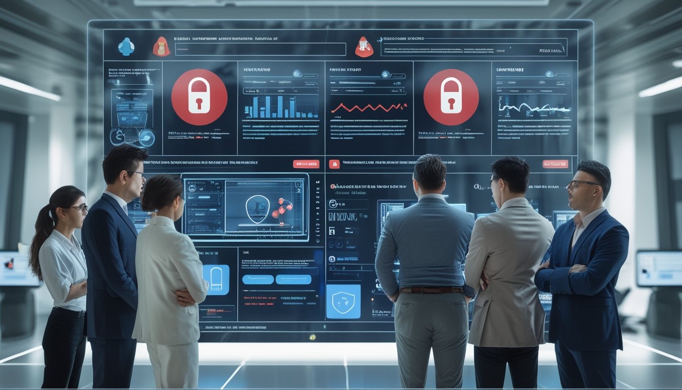 Sekelompok profesional serius berkumpul di sekitar layar sentuh besar yang menampilkan peringatan dan data terkait penipuan situs judi online di lingkungan kantor modern.