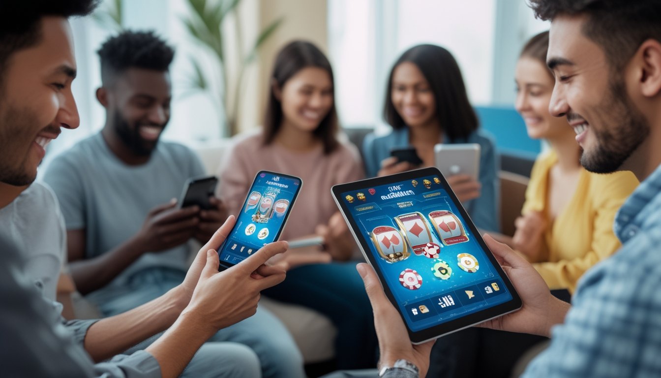 Beberapa orang muda menggunakan ponsel dan tablet untuk bermain permainan kasino online di ruangan yang nyaman.