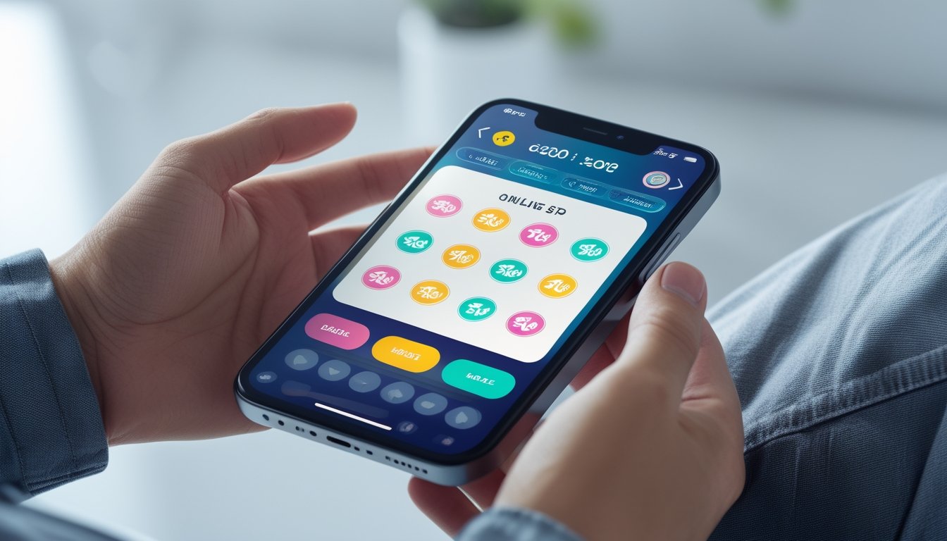 Seseorang memegang perangkat mobile yang menampilkan platform judi online dengan antarmuka yang jelas dan berwarna-warni.