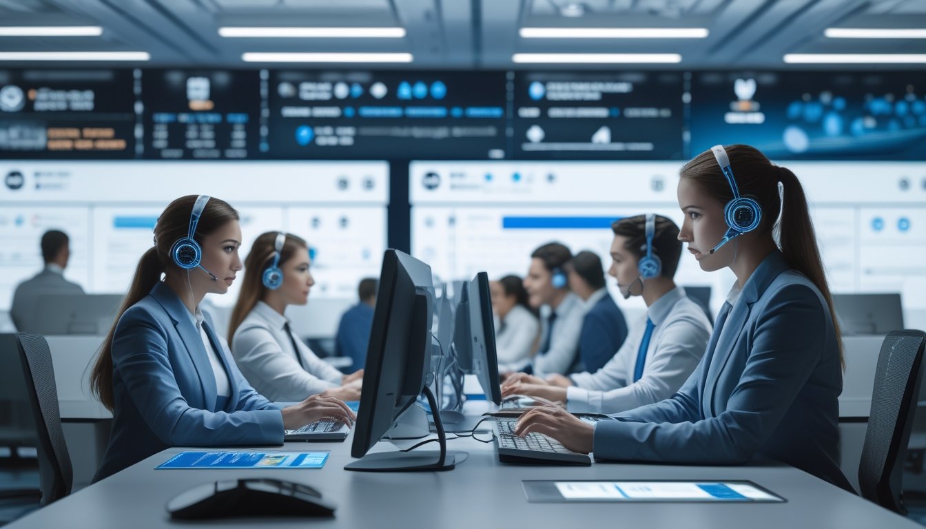 Tim layanan pelanggan sedang bekerja di pusat panggilan dengan komputer dan headset, membantu pelanggan secara online di lingkungan kantor modern.