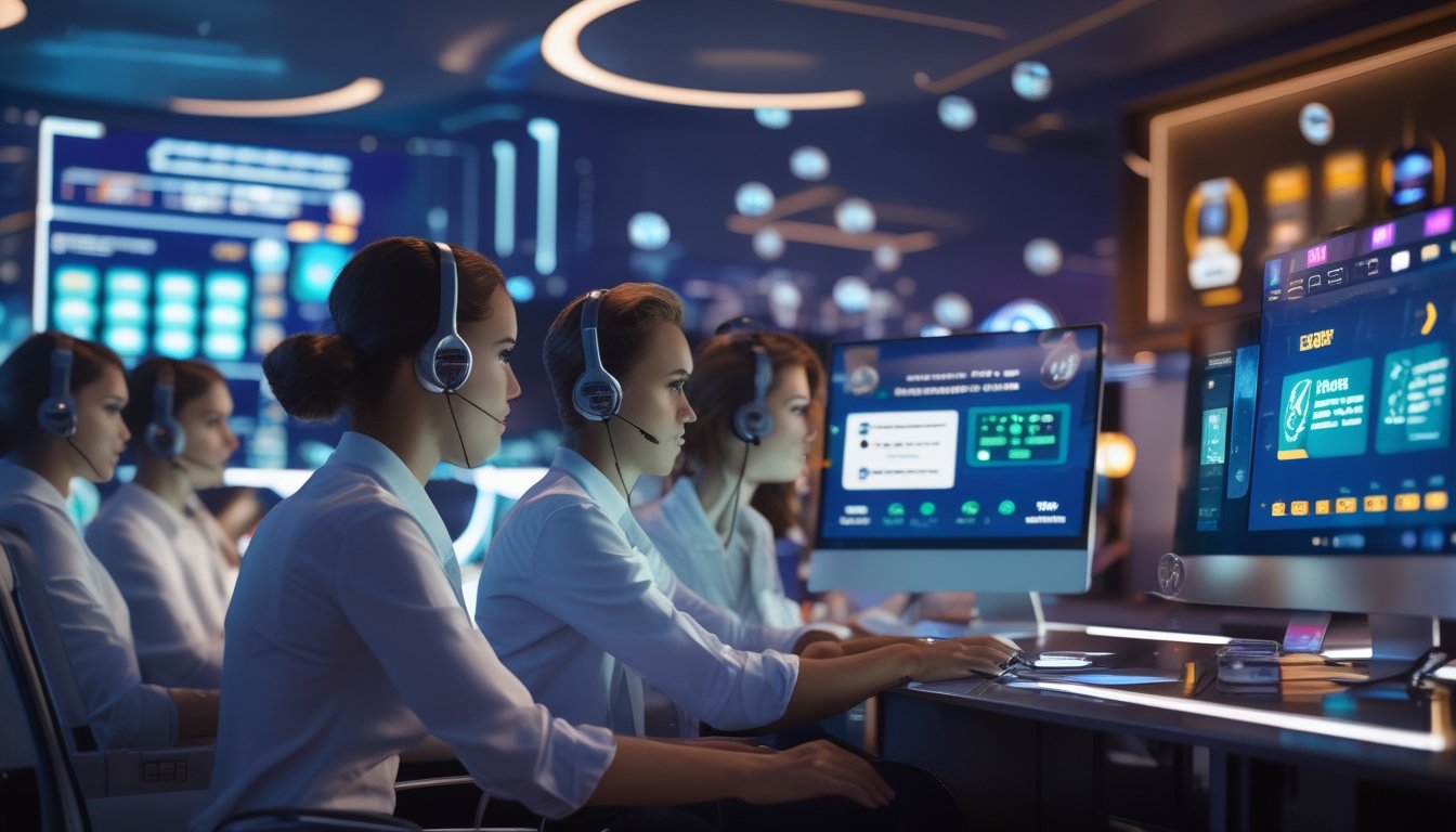 Sejumlah staf layanan pelanggan sedang bekerja di pusat layanan dengan komputer dan layar digital yang menampilkan fitur dukungan judi online.