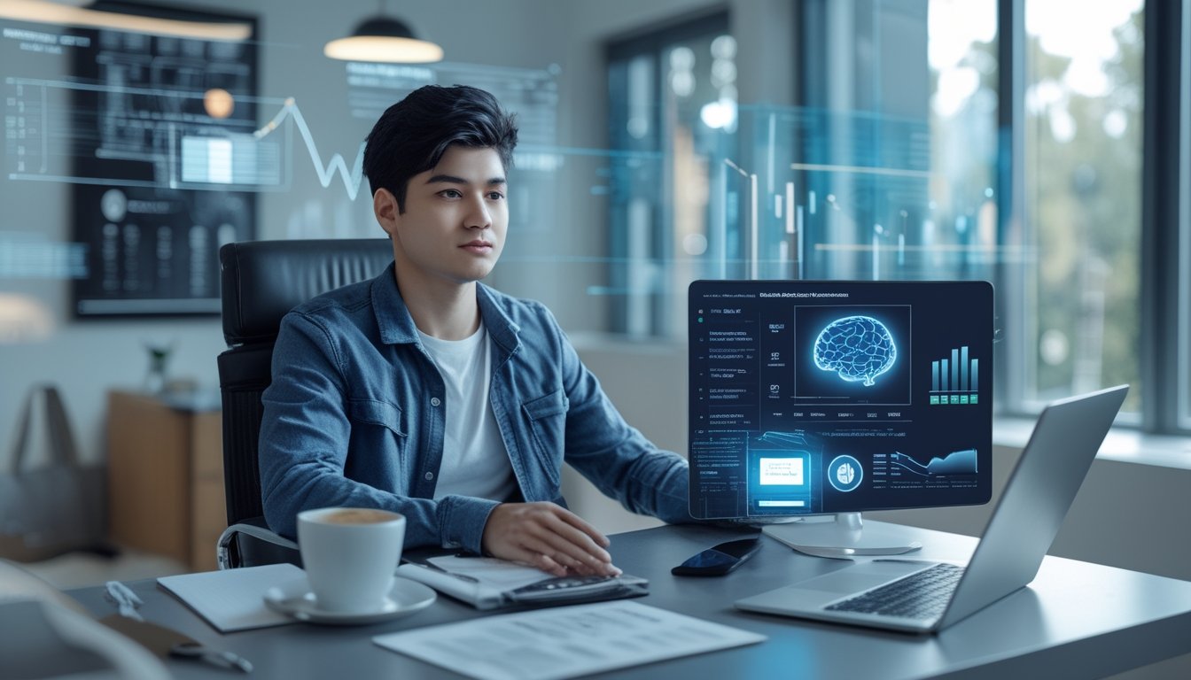 Seorang dewasa muda duduk di meja kerja modern dengan laptop dan tablet, fokus mempelajari informasi terkait regulasi dan etika bermain judi online secara bijak.