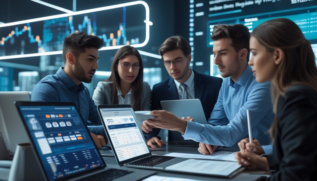 Sekelompok profesional muda sedang berdiskusi di ruang kerja modern dengan perangkat digital yang menampilkan antarmuka judi online dan dokumen regulasi.