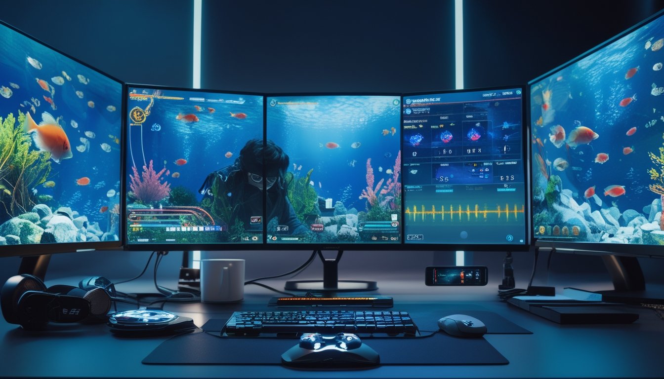 Seorang pemain fokus menggunakan komputer dengan layar menampilkan permainan tembak ikan online dengan senjata tingkat tinggi di lingkungan gaming futuristik.