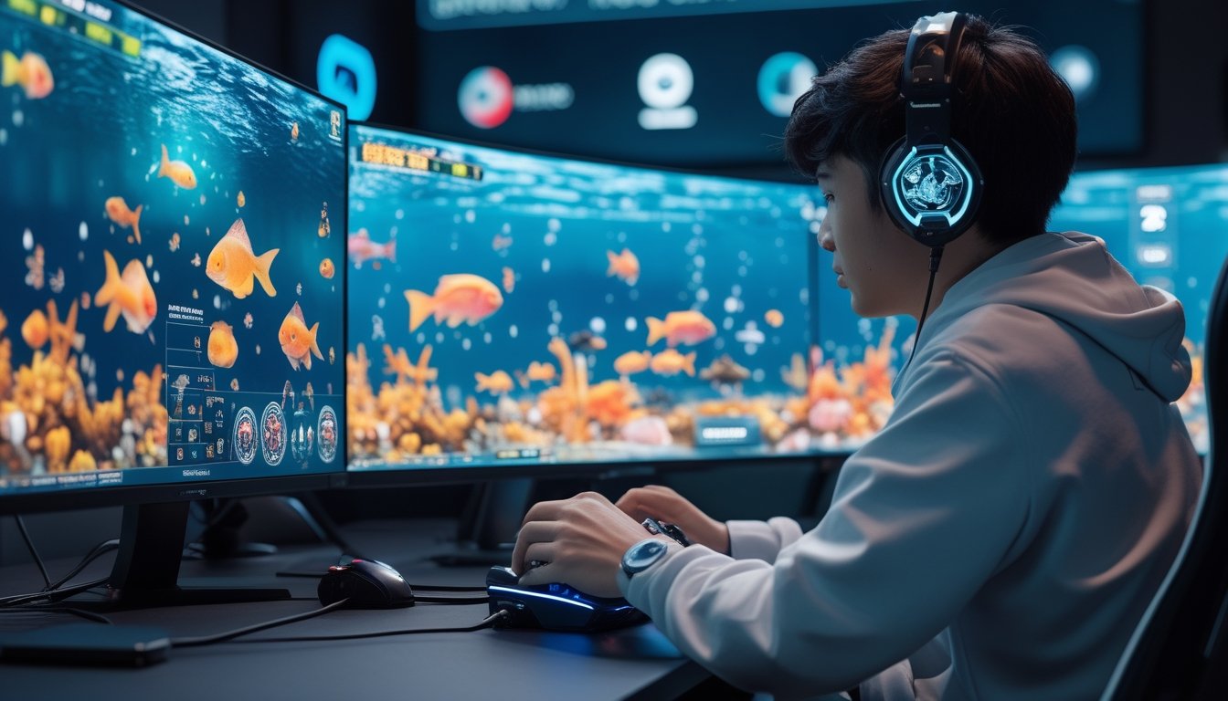 Seorang pemain serius sedang bermain game tembak ikan online dengan layar menampilkan ikan berwarna-warni dan senjata tingkat tinggi.