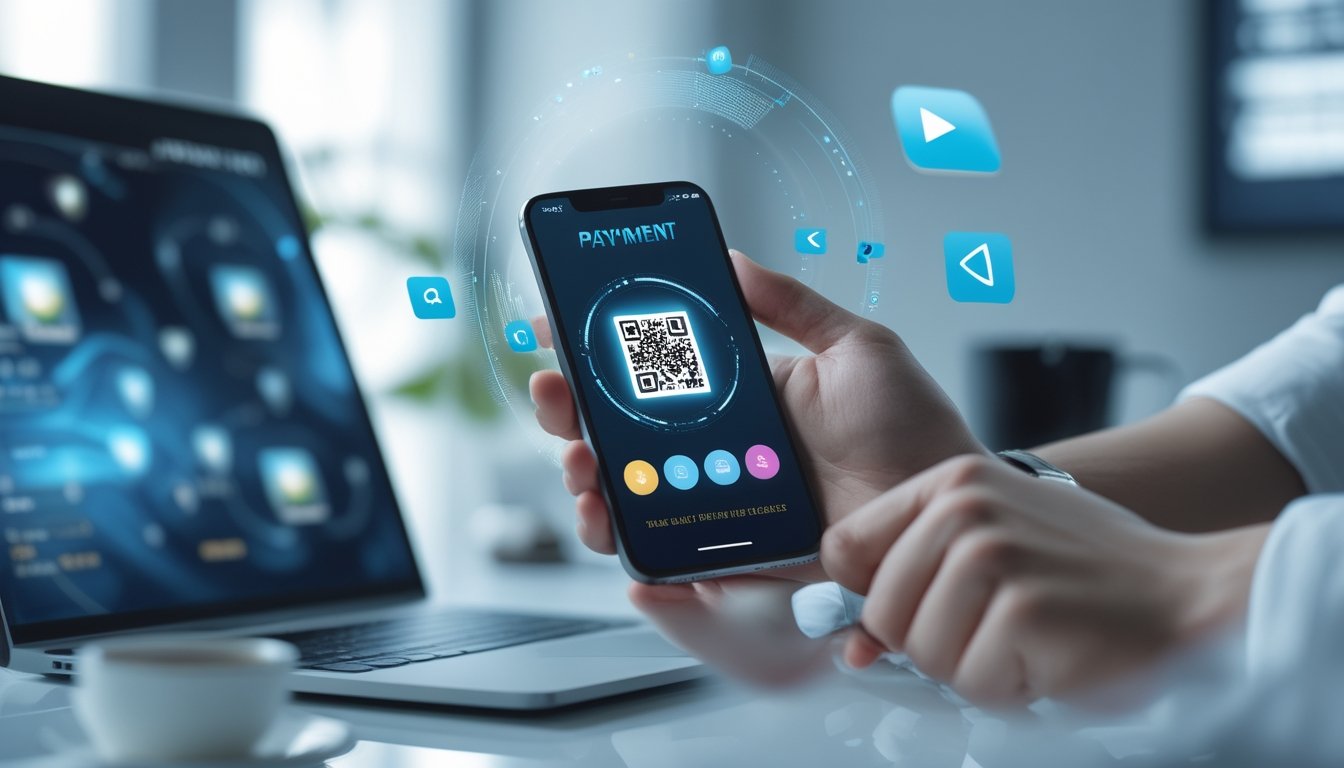 Seseorang memegang ponsel dengan kode QR di layar, dikelilingi ikon aplikasi dompet digital, di atas meja kerja minimalis.