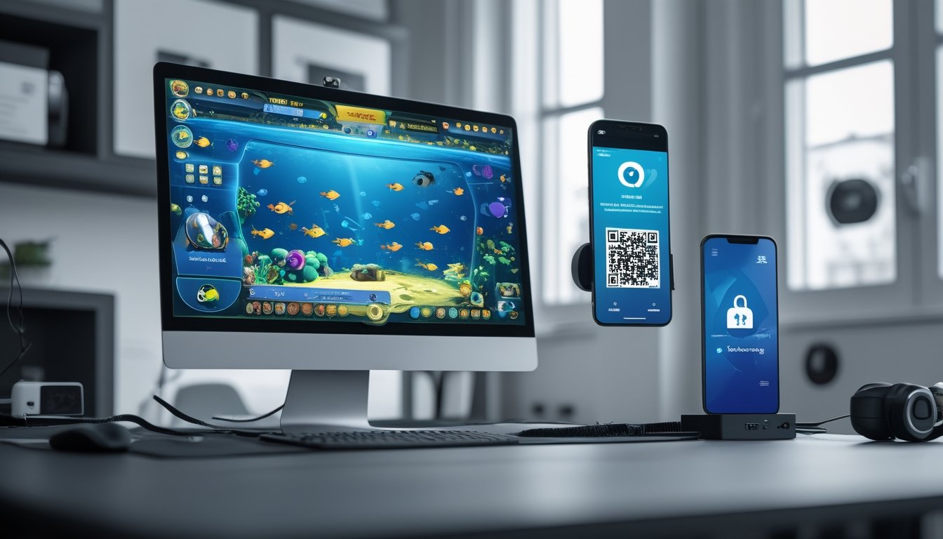 Seorang pengguna sedang bermain permainan tembak ikan di komputer dengan layar menampilkan ikan-ikan animasi, di sampingnya terdapat ponsel yang menampilkan kode QR dan ikon dompet elektronik.