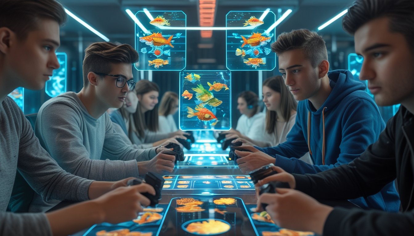 Beberapa orang muda sedang bermain game tembak ikan online dengan layar holografik yang menampilkan naga emas dan ikan berwarna-warni.