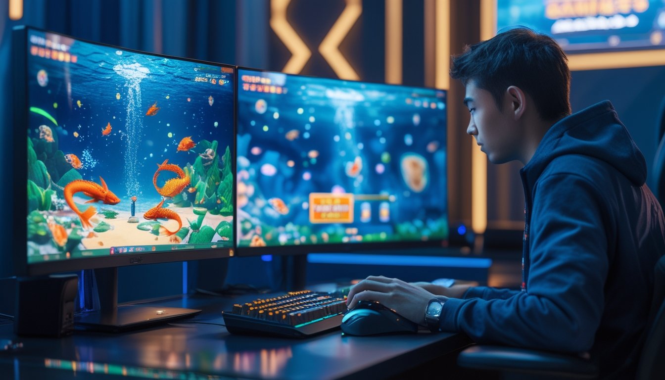 Seorang pemain game sedang fokus bermain game tembak ikan dengan latar belakang layar komputer yang menampilkan tema naga emas dan suasana ruangan gaming yang gelap dengan pencahayaan biru dan emas.
