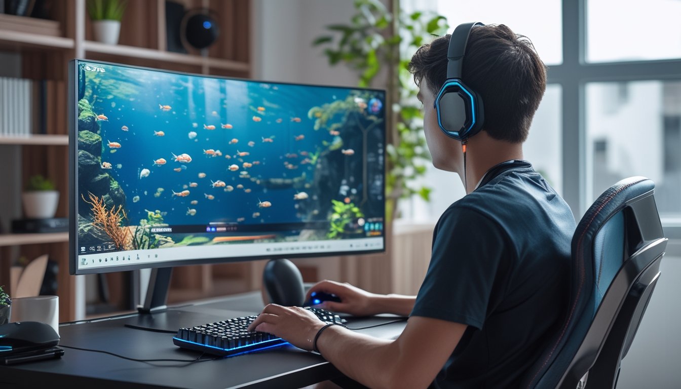 Seorang pemain muda sedang bermain game tembak ikan di komputer di meja modern dengan pencahayaan alami.