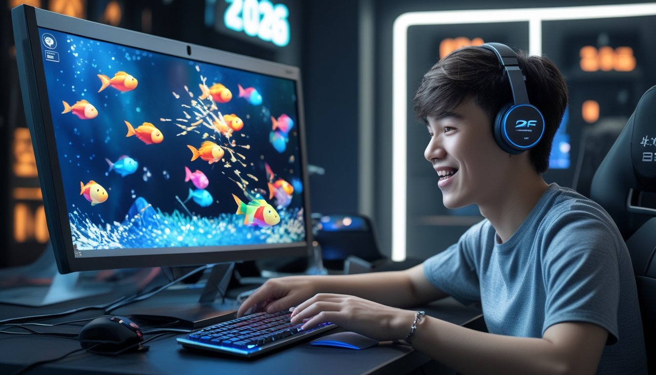 Seorang pemain muda sedang bermain game tembak ikan online di komputer dengan layar penuh warna dan efek dinamis, di dalam ruangan dengan pencahayaan ambient dan dekorasi modern.