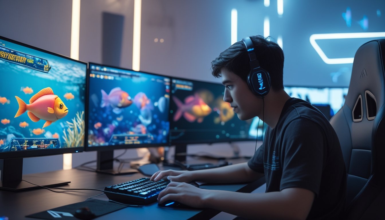 Seorang pemain muda sedang bermain game tembak ikan online di depan komputer dengan layar menampilkan ikan berwarna-warni dan elemen permainan yang dinamis.