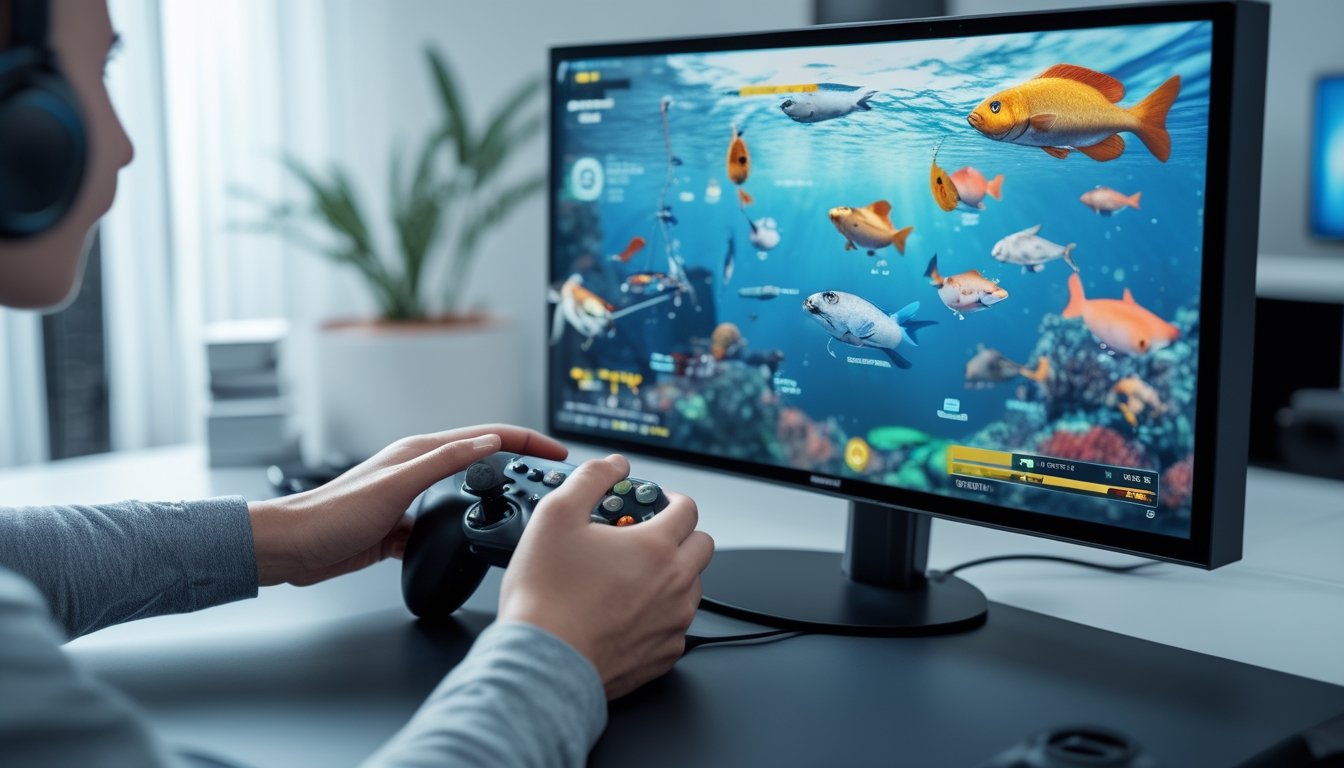 Tangan seseorang sedang bermain game tembak ikan online dengan layar menampilkan berbagai ikan berwarna-warni di latar belakang bersih.