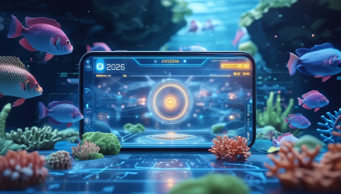 Gambar bawah laut futuristik dengan ikan berwarna-warni dan elemen permainan digital yang menunjukkan suasana permainan tembak ikan online tahun 2026.