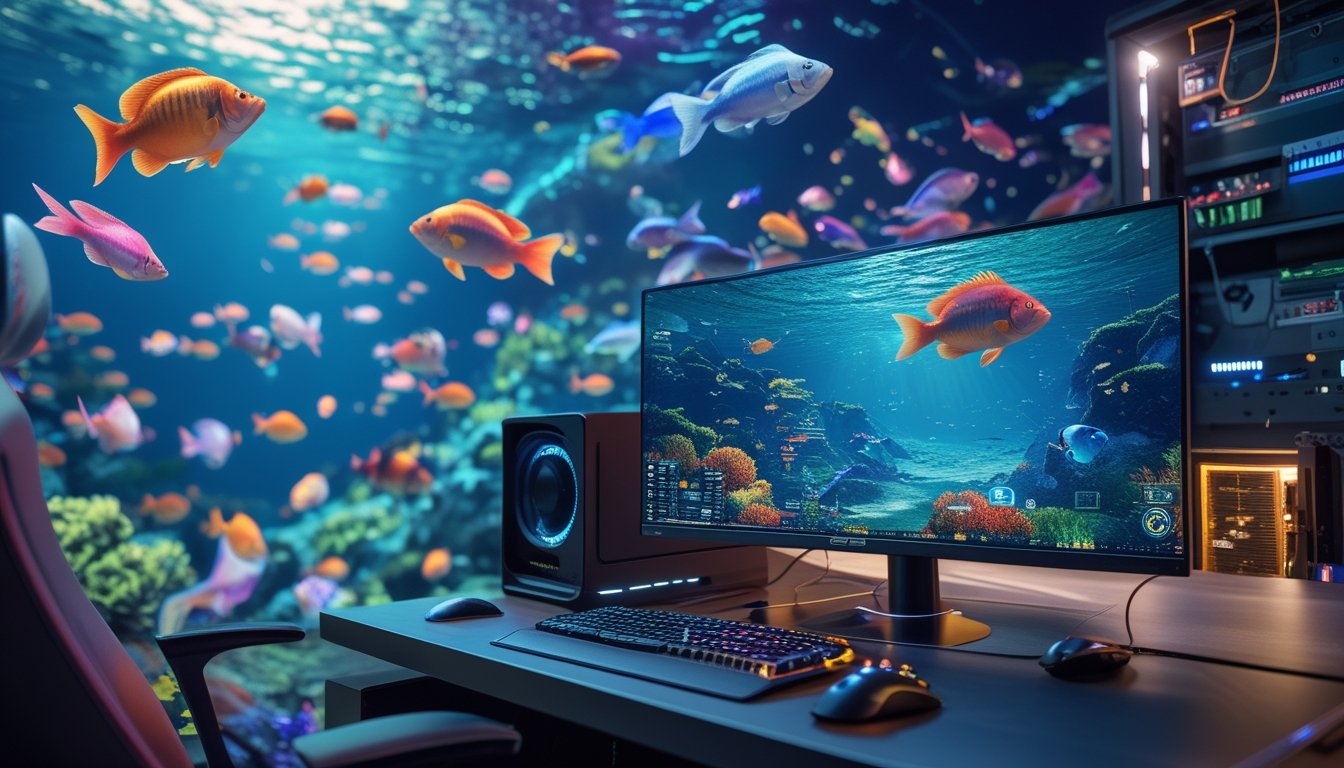 Suasana permainan tembak ikan online dengan ikan berwarna-warni di bawah laut dan layar komputer yang menampilkan grafik game yang tajam.